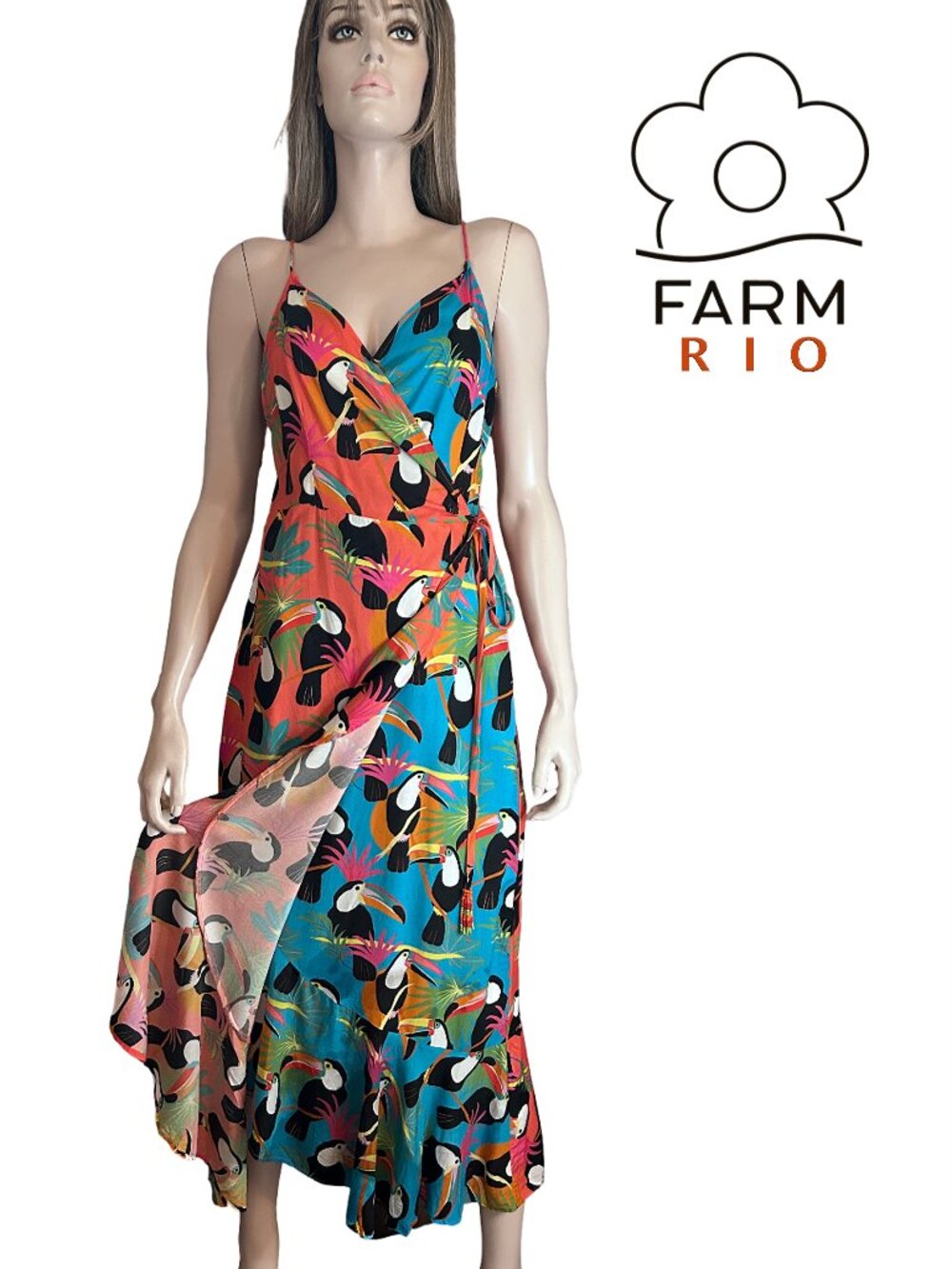 Anthropologie Farm Rio Toucon Wrap Maxi Dress Rayon Flounce Sleeveless - Picture 13 of 15